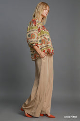 Umgee Full Size Border Print Notched 3/4 Puff Sleeve Blouse Plus Size OutfitFlow